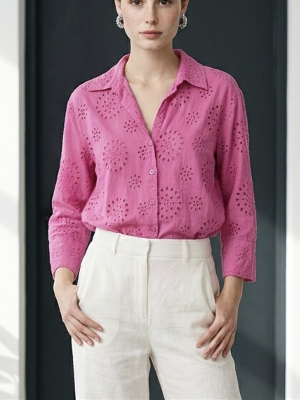 Umgee Hot Pink Eyelet Button-Up Blouse